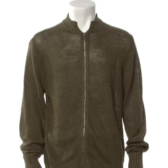 Inis Meain Meáin Linen Mock Neck Zip Up Cardigan Green Long Sleeve Size Large L - Picture 4 of 6
